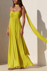 Solid Color Pleated Tube Top Maxi Dress GSNU-8060