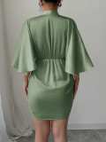 Deep V Neck Corseted Wide Sleeve Midi Dress GZEY-D2343183