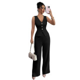 Solid Color V Neck Vest Loose Pants Suit LSD-2487