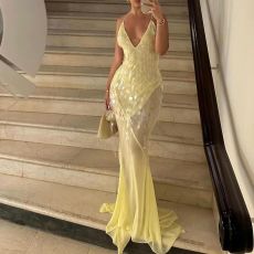 V Neck Backless Sequin Fishtail Dress GSNU-8106