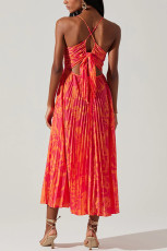 Print Pleated V Neck Sling Maxi Dress GSNU-8087