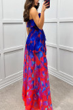 Wrap Chest Print Mesh Split Maxi Dress GSNU-8065