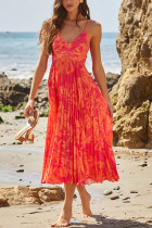 Print Pleated V Neck Sling Maxi Dress GSNU-8087