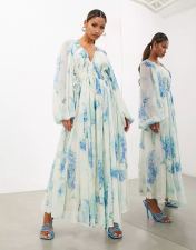 Printed Chiffon Pleated Maxi  Dress GSNU-8042