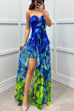 Wrap Chest Print Mesh Split Maxi Dress GSNU-8065