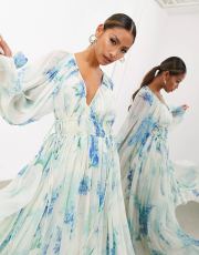 Printed Chiffon Pleated Maxi  Dress GSNU-8042