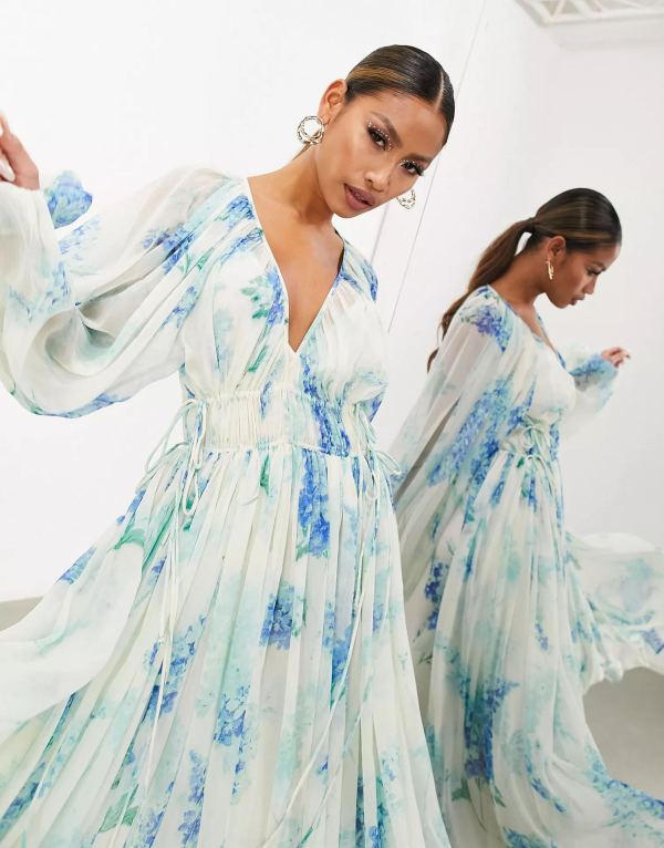 Printed Chiffon Pleated Maxi  Dress GSNU-8042