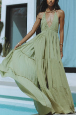 Backless V Neck Tie Up Split Maxi Dress GSNU-8049