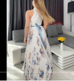 Print V Neck Press Pleated Maxi Dress GSNU-0011