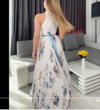 Print V Neck Press Pleated Maxi Dress GSNU-0011