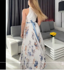 Print V Neck Press Pleated Maxi Dress GSNU-0011