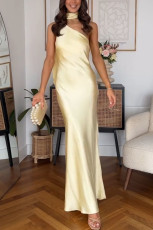 Slash Shoulder Tie Up Solid Color Maxi Dress GSNU-8148