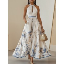 Print V Neck Press Pleated Maxi Dress GSNU-0011