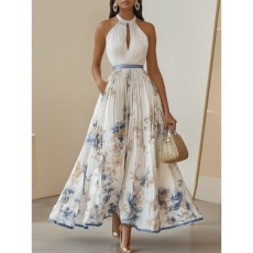 Print V Neck Press Pleated Maxi Dress GSNU-0011