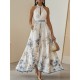 Print V Neck Press Pleated Maxi Dress GSNU-0011