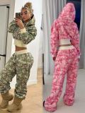 Camouflage Print Hooded Sweatshirt Two Piece Pant Set OLYF-6186