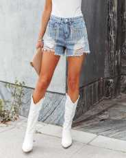 Casual Chain Tassel Holes Denim Shorts GSNU-6004