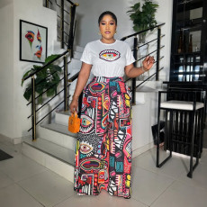 O Neck Short Sleeve Tops Print Loose Pants Suit CYA-901748