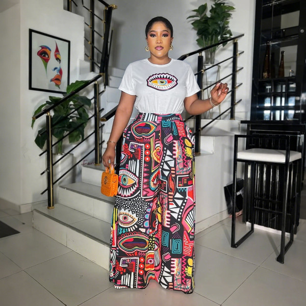 O Neck Short Sleeve Tops Print Loose Pants Suit CYA-901748