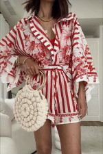 Loose Print Bat Sleeve Shirt Short 2 Piece Set GSNU-3041