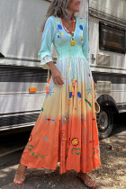  Gradient Color Long Sleeve V-Neck Maxi Dress GSNU-8077