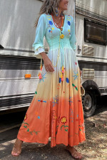  Gradient Color Long Sleeve V-Neck Maxi Dress GSNU-8077