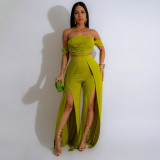 Solid Color Pleated Tube Top Split Pants Suit CYA-901391