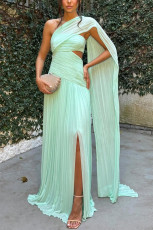 Slash Shoulder Pleated Flutter Split Maxi Dress GSNU-8163