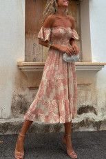 Printed Short Sleeve Ruffle Midi Dress GSNU-8058