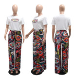 O Neck Short Sleeve Tops Print Loose Pants Suit CYA-901748