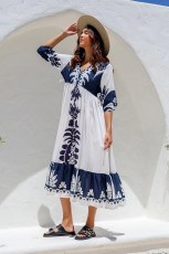 Print Drawstring Half Sleeve Long Dress GSNU-8039