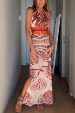 Print Tie Up Backless Split Maxi Dress GSNU-8136