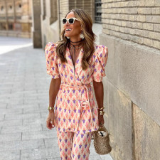Fashion Print Lantern Sleeve Print Two Piece Pants Set GSNU-3033