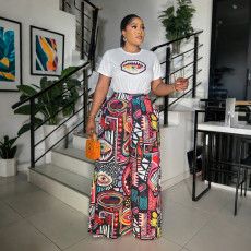 O Neck Short Sleeve Tops Print Loose Pants Suit CYA-901748