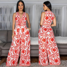 Print Sleeve Tie Up Loose Jumpsuit CYA-901785