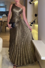 Pleated Slash Shoulder Maxi Dress GSNU-8125