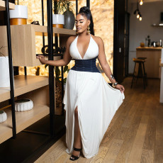 Irregular V Neck Patchwork Split Maxi Dress CYA-901843