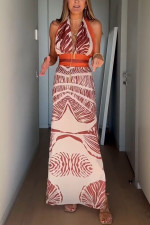 Print Tie Up Backless Split Maxi Dress GSNU-8136