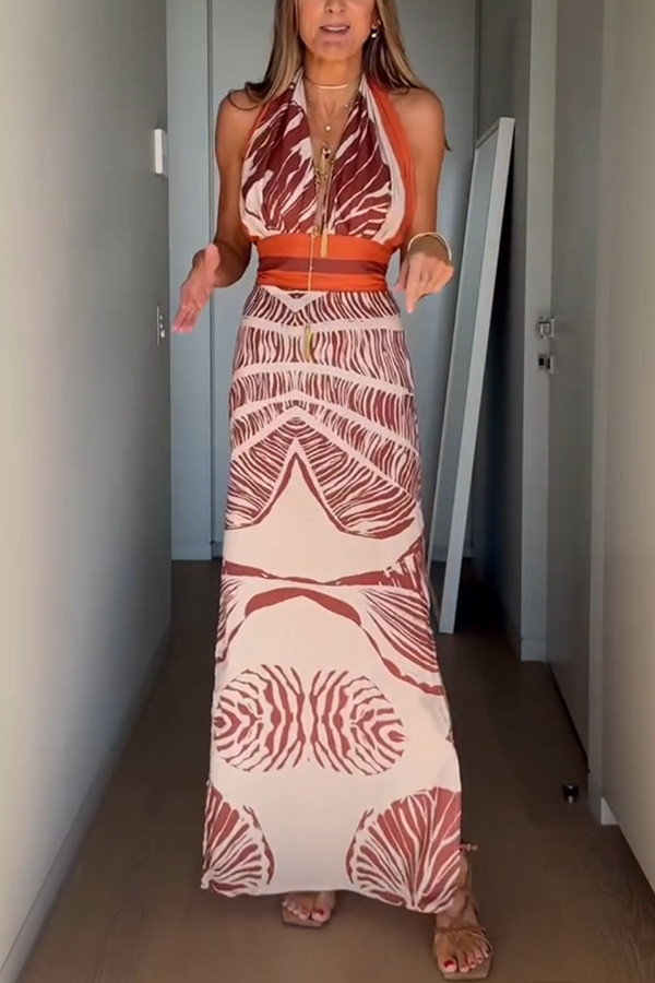 Print Tie Up Backless Split Maxi Dress GSNU-8136