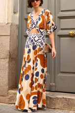 V Neck Print Hollow Out Maxi Dress GSNU-8067