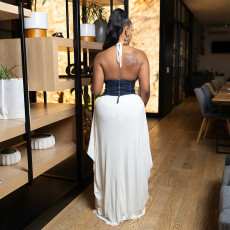 Irregular V Neck Patchwork Split Maxi Dress CYA-901843
