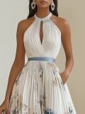 Print V Neck Press Pleated Maxi Dress GSNU-0011