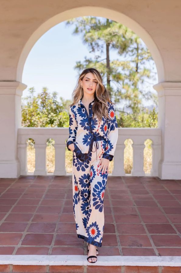 Long Sleeve Print Shirt Wide Leg Pants Suit GSNU-3027