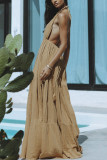 Backless V Neck Tie Up Split Maxi Dress GSNU-8049