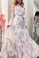 Chiffon Floral Printed Belted Maxi Dress GSNU-8072