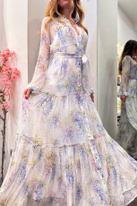 Chiffon Floral Printed Belted Maxi Dress GSNU-8072