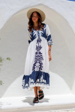 Print Drawstring Half Sleeve Long Dress GSNU-8039