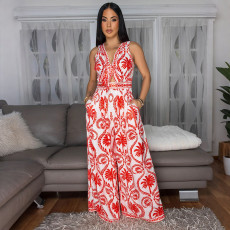 Print Sleeve Tie Up Loose Jumpsuit CYA-901785