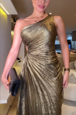 Pleated Slash Shoulder Maxi Dress GSNU-8125