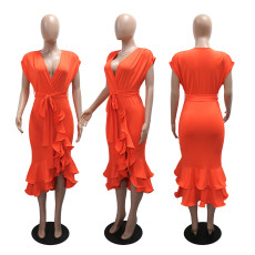 Deep V Neck Irregular Tie Up Midi Dress CYA-901879